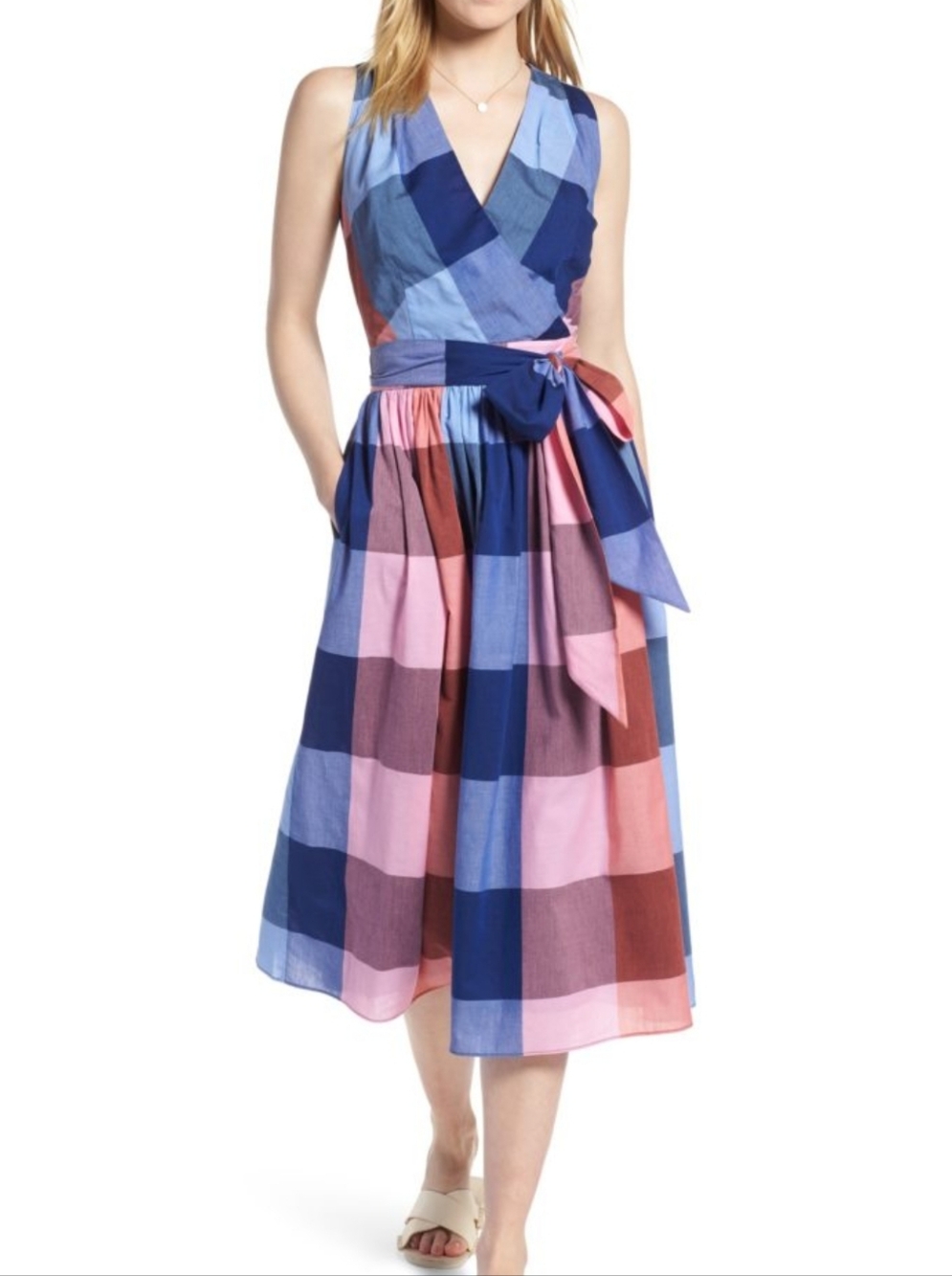 1901 Sleeveless V-Neck Check Midi Dress in Blue and Pink